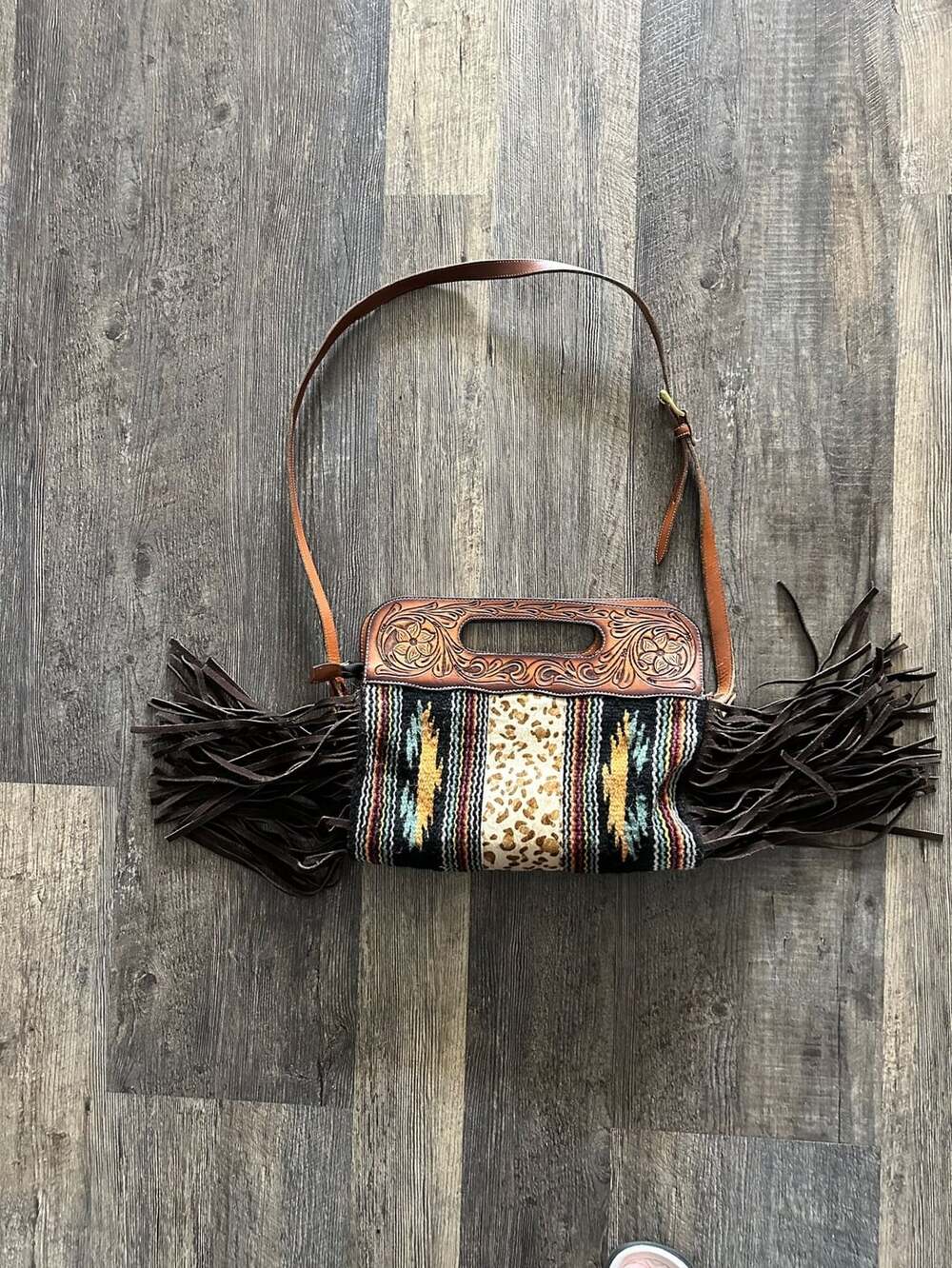 Rafter T Ranch Co. Tooled Leather Fringe Crossbody Bag
